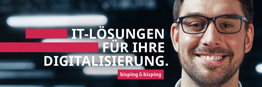 Header Nürnberg Messe bisping & bisping Lächelnder IT-Mitarbeiter mit Brille vor modernem Hintergrund – Symbolbild für individuelle Digitalisierungslösungen von Bisping & Bisping